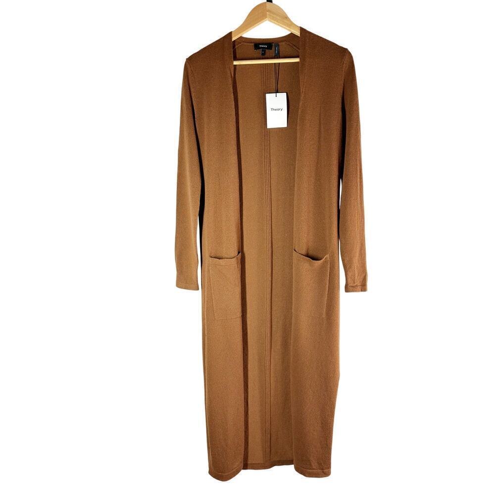 Theory Torina Long Line 100% Cashmere Open Front Cardigan Syrup Small Neutral